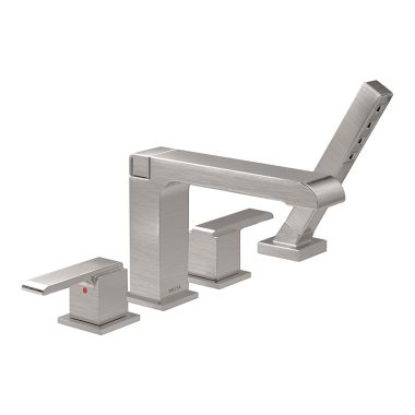 Click here to see Delta T4767-SS Delta Ara Two-Handle Roman Tub Faucet Trim with 1.75 GPM Single-Setting Hand Shower, H2Okinetic, Angular Spout, Lever Handles, Stainless - T4767-SS