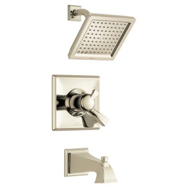 Click here to see Delta T17451-PN Delta Dryden Monitor 17 Series Two-Handle Tub/Shower Faucet with Single-Setting Rain Showerhead, 2.5 GPM, Lever Handles, Polished Nickel - T17451-PN