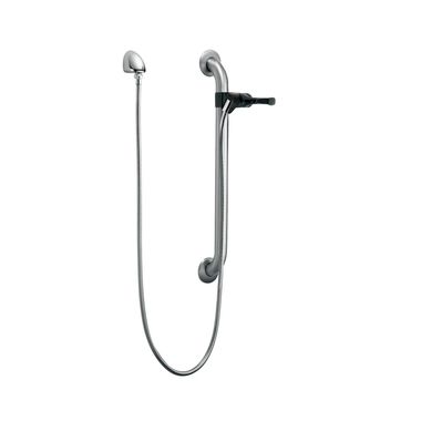 Click here to see Delta RPW324HDF-LHD Delta 24in Slide Bar with Wall Supply and Hose with 60in- 82in Stretchable Metal Hose, Less Handshower , Stainless - RPW324HDF-LHD