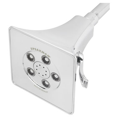 Click here to see Speakman S-3018-E2 Speakman Rainier 3-Function Shower Head with 5 Plungers, 50 Sprays, and 8 Massage Jets, Square, WaterSense, 2.0 GPM, Chrome - S-3018-E2