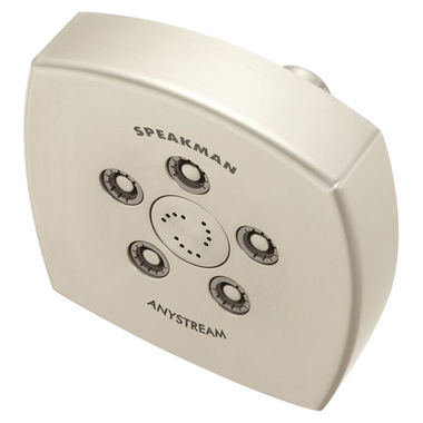 Click here to see Speakman S-3023-BN-E2 Speakman Tiber 5in Anystream Shower Head with 5 Plungers, 45 Sprays, and 12 Massage Jets, Square, WaterSense, 2.0 GPM, Brushed Nickel - S-3023-BN-E2