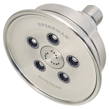 Click here to see Speakman S-3013-BN Speakman Assana Anystream Shower Head with 5 Plunger, 45 Sprays, and Massage Jets, Round, 2.5 GPM, Brushed Nickel - S-3013-BN