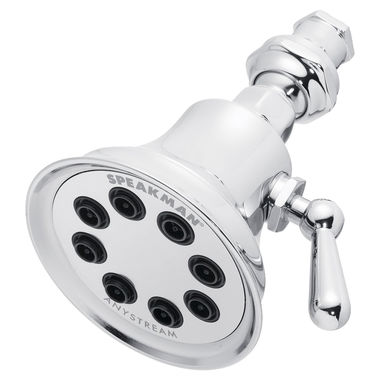 Click here to see Speakman S-3015 Speakman Retro 3-Function Anystream Shower Head with 8 Plungers and 64 Sprays, 2.5 GPM, Spray Adjusting Handle, Solid Brass, Polished Chrome - S-3015