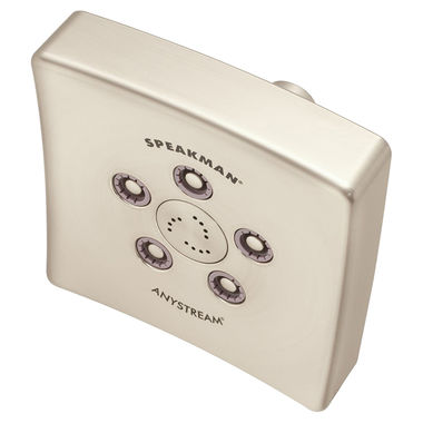 Click here to see Speakman S-3021-BN Speakman Kubos 3-Function Anystream Shower Head with 5 Plungers, 45 Sprays, and 12 Massage Jets, Square, 2.5 GPM, Brushed Nickel - S-3021-BN