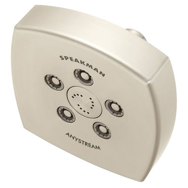Click here to see Speakman S-3023-BN Speakman Tiber 5in Anystream Shower Head with 5 Plungers, 45 Sprays, and 12 Massage Jets, Square, 2.5 GPM, Brushed Nickel - S-3023-BN