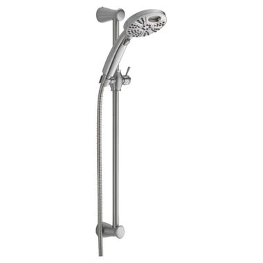 Click here to see Delta 51406-SS Delta Universal Showering Temp2O Six-Setting Hand Shower with Slide Bar, Round, 2 GPM, Touch-Clean, WaterSense, Stainless - 51406-SS