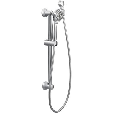 Click here to see Moen 3865EP17 Moen 4in Single-Function Hand Shower with Bracket and 59in Hose, Round, Eco-Performance, 1.75 GPM, WaterSense, Chrome - 3865EP17