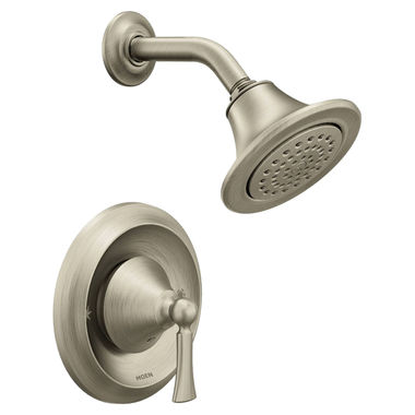 Click here to see Moen T4502EPBN Moen Wynford Posi-Temp Single-Handle Shower Faucet, One-Function, 1.75 GPM, Lever Handle, Eco-Performance, Brushed Nickel - T4502EPBN