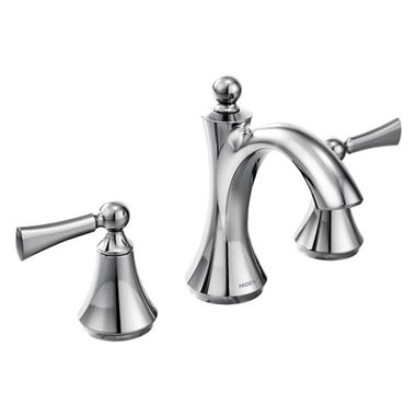 Click here to see Moen T4520 Moen Wynford Two-Handle High-Arc Widespread Chrome Bathroom Faucet with Lever Handles, Three-Hole, 1.2 GPM, WaterSense - T4520