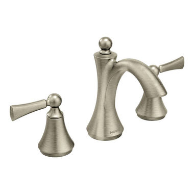 Click here to see Moen T4520BN Moen Wynford Two-Handle High-Arc Widespread Brushed Nickel Bathroom Faucet with Lever Handles, 1.2 GPM, 60 PSI, WaterSense, Three-Hole Installation - T4520BN