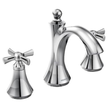 Click here to see Moen T4524 Moen Wynford Chrome Two-Handle High-Arc Widespread Bathroom Faucet with Cross Handles, Three Hole Installation, 1.2 GPM, WaterSense - T4524