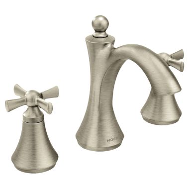 Click here to see Moen T4524BN Moen Wynford Two-Handle, High-Arc Widespread Brushed NIckel Bathroom Faucet with Cross Handles, 1.2 GPM, Watersense - T4524BN