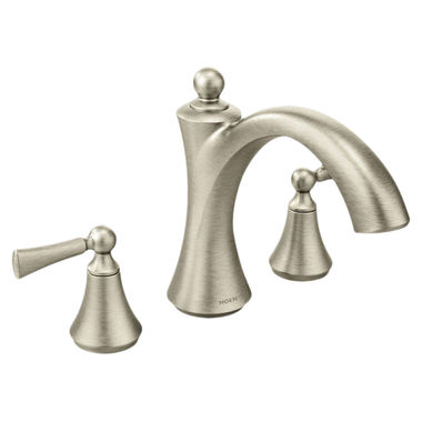 Click here to see Moen T653BN Moen Wynford Two-Handle Roman Tub Faucet Trim, Arc Spout, Lever Handles, ADA, M-PACT, Brushed Nickel - T653BN