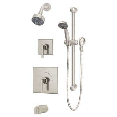 Click here to see Symmons 3606-H321-V-STN-TRM Symmons Duro Tub/Shower Trim with Hand Shower and Slide Bar, Metal Lever Handles, Non-Diverter Tub Spout, 2 GPM, Satin Nickel - 3606-H321-V-STN-TRM