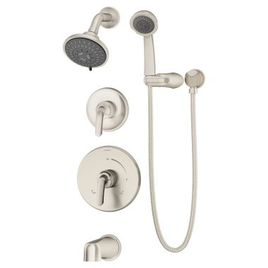 Click here to see Symmons 5506-STN-TRM Symmons Elm Tub/Shower Faucet with 5-Mode Showerhead, 3-Mode Hand Shower, 2 Handles, Non-Diverter Tub Spout, 2 GPM, Satin Nickel - 5506-STN-TRM