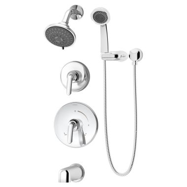 Click here to see Symmons 5506-TRM Symmons Elm Tub/Shower Faucet with 5-Mode Showerhead, 3-Mode Hand Shower, 2 Handles, Non-Diverter Tub Spout, 2 GPM, Polished Chrome - 5506-TRM