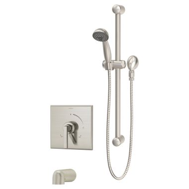 Click here to see Symmons S-3604-H321-V-STN-TRM Symmons Duro Tub/Hand Shower Faucet with Integral Diverter Control, Metal Lever Handle, Non-Diverter Tub Spout, 2 GPM, Satin Nickel - S-3604-H321-V-STN-TRM