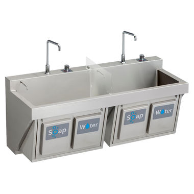 Click here to see Elkay EWSF26026KWC ELKAY EWSF26026KWC MANUAL DOUBLE STATION SCRUB SINK W/ KNEE ACTIVATED WATER