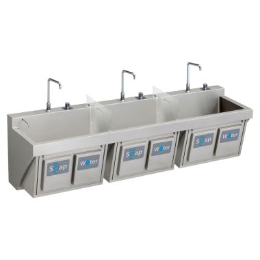 Click here to see Elkay EWSF39026KWC ELKAY EWSF39026KWC MANUAL TRIPLE STATION SCRUB SINK W/ KNEE ACTIVATED WATER