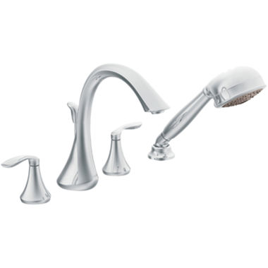 Click here to see Moen T944 Moen Eva Two-Handle Roman Tub Faucet Trim with 1.75 GPM One-Function Hand Shower, High Arc Spout, Lever Handles, M-PACT, Chrome - T944