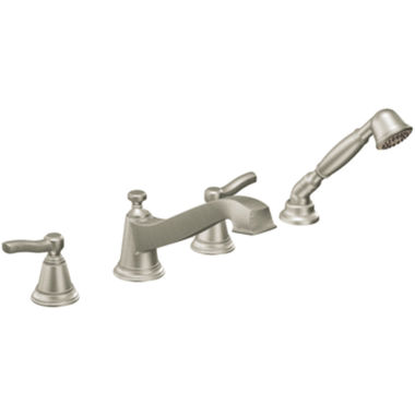Click here to see Moen TS925BN Moen Rothbury Two-Handle Roman Tub Faucet with 1.75 GPM One-Function Hand Shower, Low Arc Spout, Lever Handles, M-PACT, Brushed Nickel - TS925BN 