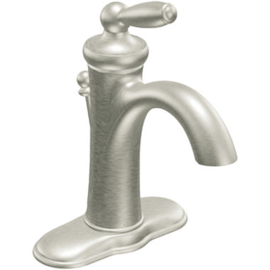 Click here to see Moen 6600BN Moen Brantford Single-Handle High Arc Brushed Nickel Bathroom Faucet with Metal Pop-Up and Deckplate, 1.2 GPM, Lever Handle, Single-Hole - 6600BN