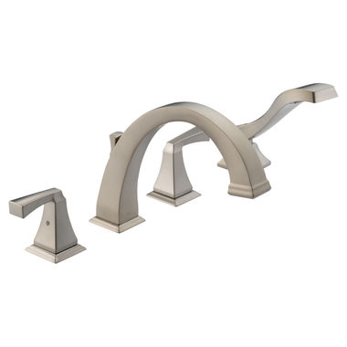 Click here to see Delta T4751-SS Delta Dryden Two-Handle Roman Tub Faucet Trim with 1.75 GPM Single-Setting Hand Shower, Arc Spout, Lever Handles, Touch-Clean, Stainless - T4751-SS