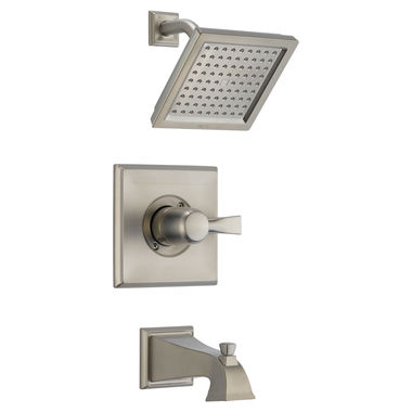 Click here to see Delta T14451-SS Delta Dryden Monitor 14 Series Single-Handle Tub/Shower Faucet with Single-Setting Rain Showerhead, 2.5 GPM, Lever Handle, Stainless - T14451-SS