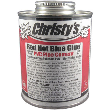 Click here to see Christy's  Christy's Red Hot Blue Glue PVC Pipe Cement, Medium Body, Fast Set, Pint, RH-RHBG-PT-24