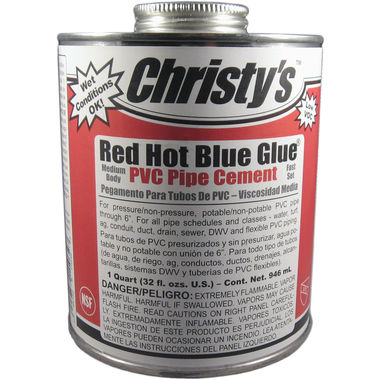 Click here to see Christy's  Christy's Red Hot Blue Glue PVC Pipe Cement, Medium Body, Fast Set, Quart, RH-RHBG-QT-12