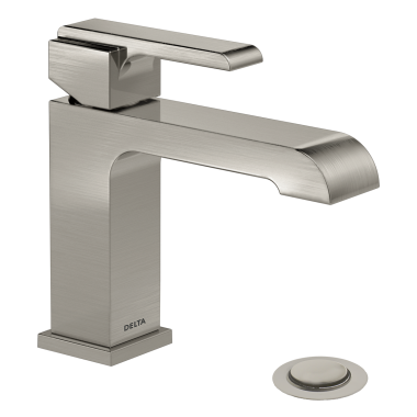 Click here to see Delta 567LF-SSMPU Delta Ara Angular Spout Stainless Lavatory Faucet with Escutcheon and Red/Blue Indicators, Metal Pop-Up, 1.2 GPM, Single-Handle, DIAMOND Seal - 567LF-SSMPU