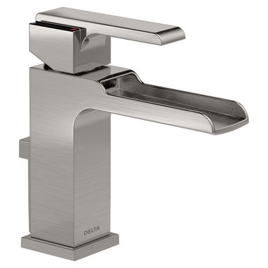 Click here to see Delta 568LF-SSMPU Delta Ara Channel Spout Stainless Lavatory Faucet with Escutcheon and Red/Blue Indicators, Metal Pop-Up, 1.2 GPM, Single-Handle, DIAMOND Seal - 568LF-SSMPU