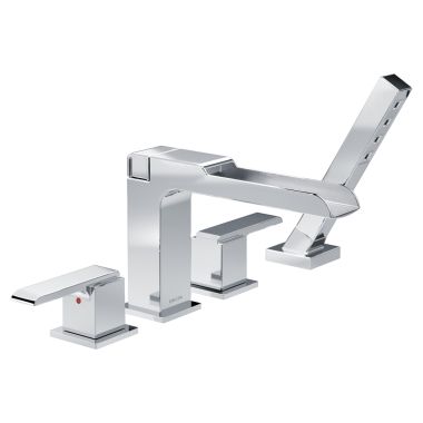 Click here to see Delta T4768 Delta Ara Two-Handle Roman Tub Faucet Trim with 1.75 GPM Single-Setting Hand Shower, H2Okinetic, Channel Spout, Lever Handles, Chrome - T4768