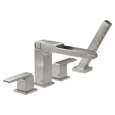 Click here to see Delta T4768-SS Delta Ara Two-Handle Roman Tub Faucet Trim with 1.75 GPM Single-Setting Hand Shower, H2Okinetic, Channel Spout, Lever Handles, Stainless - T4768-SS