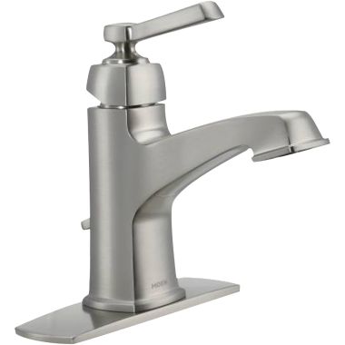 Click here to see Moen 6200SRN Moen Boardwalk Single-Handle Spot Resist Brushed Nickel Bathroom Faucet with Deckplate and Metal Pop-Up, 1.2 GPM, Single-Hole, Pivot Action ADA Lever Handle - 6200SRN