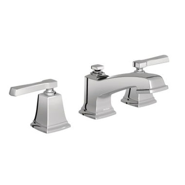 Click here to see Moen T6220 Moen Boardwalk Two-Handle Chrome Widespread Bathroom Faucet with Metal Pop-Up, 1.2 GPM, ADA Lever Handle, WaterSense, Three-Hole - T6220