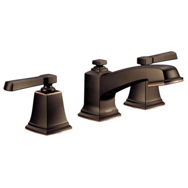 Click here to see Moen T6220BRB Moen Boardwalk Two-Handle Mediterranean Bronze Widespread Bathroom Faucet with Metal Pop-Up, 1.2 GPM, ADA Lever Handle, WaterSense, Three-Hole - T6220BRB