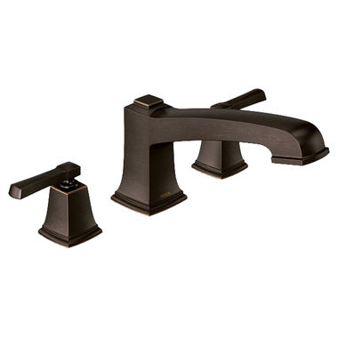 Click here to see Moen T623BRB Moen Boardwalk Two-Handle Roman Tub Faucet Trim, Angular Spout, Lever Handles, ADA, M-PACT, Mediterranean Bronze - T623BRB