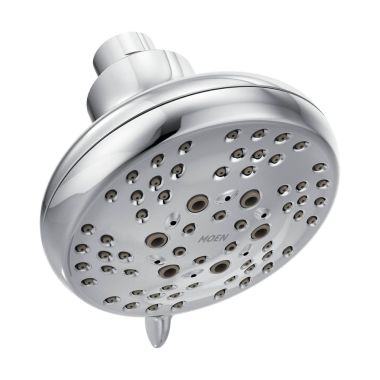 Click here to see Moen CL26500 Moen Five-Spray Function Shower Head, 2.5 GPM, 4in Spray Face Diameter, Wall-Mount Fixed Installation, Round, Chrome - CL26500