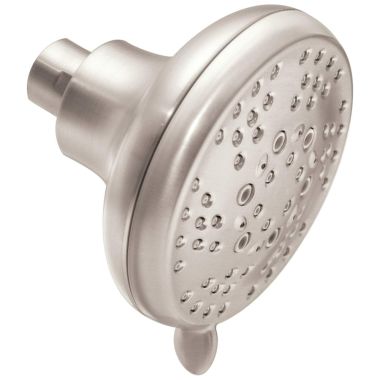 Click here to see Moen CL26500BN Moen Five-Spray Function Shower Head, 2.5 GPM, 4in Spray Face Diameter, Wall-Mount Fixed Installation, Round, Brushed Nickel - CL26500BN