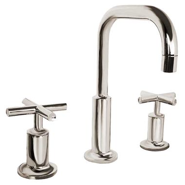 Click here to see Kohler 14406-3-SN Kohler Purist Two-Handle Widespread Bathroom Faucet with Pop-Up Drain, Low Cross Handle, 1.2 GPM, Polished Nickel - K-14406-3-SN