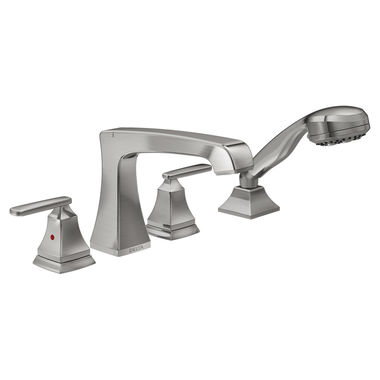Click here to see Delta T4764-SS Delta Ashlyn Two-Handle Roman Tub Faucet Trim with 1.75 GPM Multi-Function Hand Shower, Touch-Clean, Angular Spout, Lever Handles, Stainless - T4764-SS
