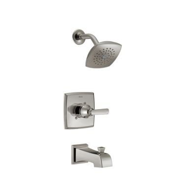 Click here to see Delta T14464-SS Delta Ashlyn Monitor 14 Series Single-Handle Tub/Shower Faucet with Single-Setting Rain Showerhead, 1.75 GPM, Lever Handle, Stainless - T14464-SS