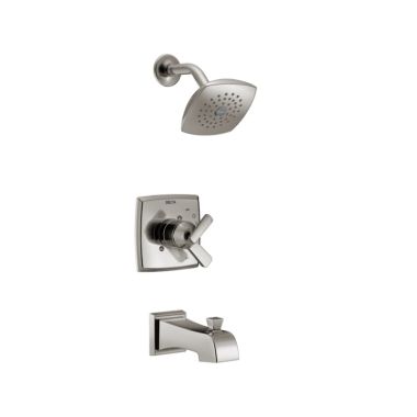Click here to see Delta T17464-SS Delta Ashlyn Monitor 17 Series Two-Handle Tub/Shower Faucet with Single-Setting Rain Showerhead, 1.75 GPM, Lever Handles, Stainless - T17464-SS