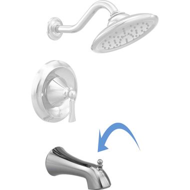 Click here to see Moen 175385 Moen Wynford Wall Mounted Chrome Tub Spout with Pull-Up Diverter, Slip Fit, 1/2-inch Connection Size - 175385
