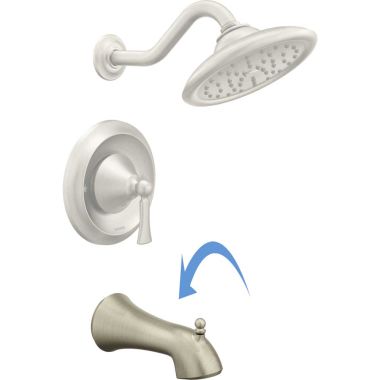 Click here to see Moen 175385BN Moen Wynford Wall Mounted Brushed Nickel Tub Spout with Pull-Up Diverter, Slip Fit, 1/2-inch Connection Size - 175385BN