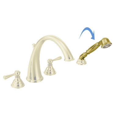 Click here to see Moen 176015P Moen Kingsley Single-Function Hand Shower for T922 Two-Handle Roman Tub Filler, Round, 1.75 GPM, WaterSense, Polished Brass - 176015P