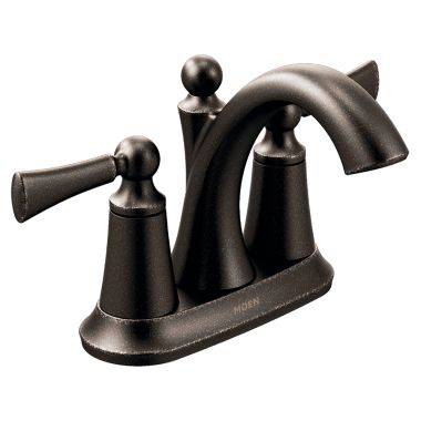 Click here to see Moen 4505ORB Moen Wynford Two-Handle Centerset Oil Rubbed Bronze Bathroom Faucet with Metal Pop-Up Drain, 1.2 GPM, Lever Handles, WaterSense, ADA - 4505ORB