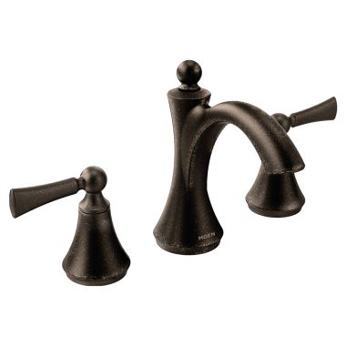 Click here to see Moen T4520ORB Moen Wynford Oil Rubbed Bronze Two-Lever Handles High-Arc Widespread Bathroom Faucet, WaterSense, 1.2 GPM, Three-Hole Installation - T4520ORB