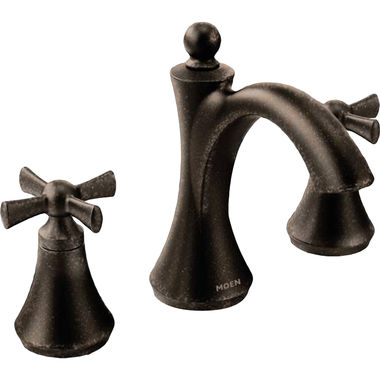 Click here to see Moen T4524ORB Moen Wynford Two-Cross Handles High-Arc Widespread Oil Rubbed Bronze Bathroom Faucet, 1.2 GPM, 60 PSI, WaterSense, Three-Hole Installation - T4524ORB